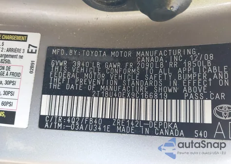 2009 Toyota Corolla Le from USA, damaged, VIN 2T1BU40EX9C166819